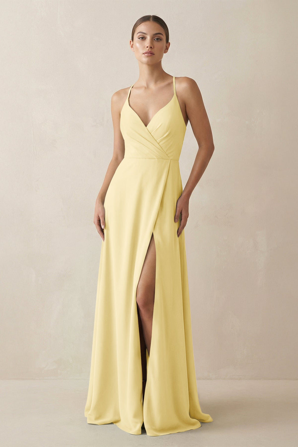 A - Line Chiffon Long Bridesmaid Dress With Slit in Pastel Yellow - SHE IS ME