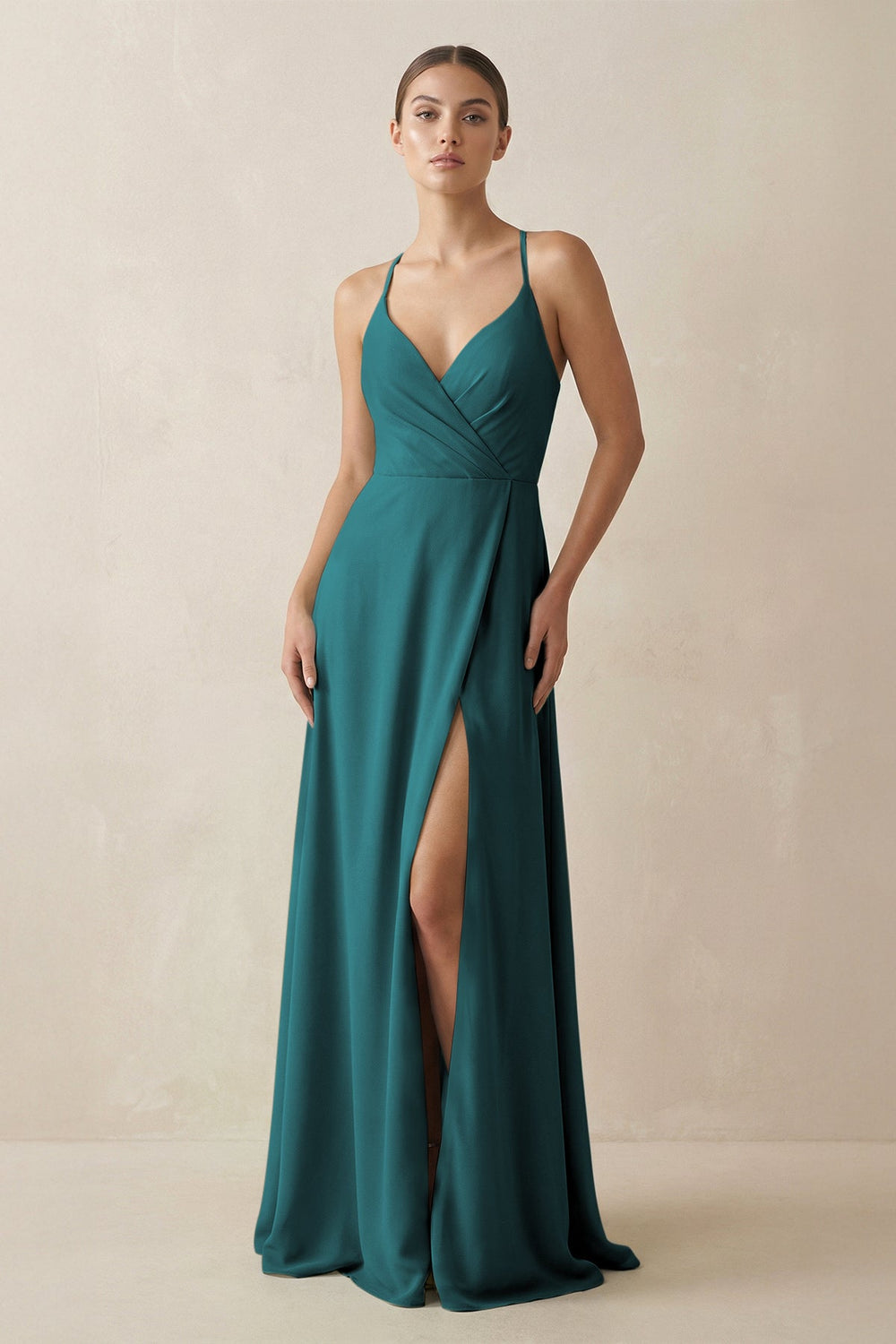 A - Line Chiffon Long Bridesmaid Dress With Slit in Pine - SHE IS ME