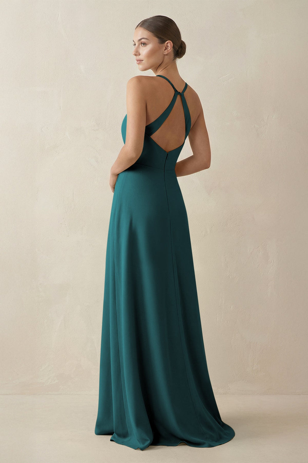 A - Line Chiffon Long Bridesmaid Dress With Slit in Pine - SHE IS ME