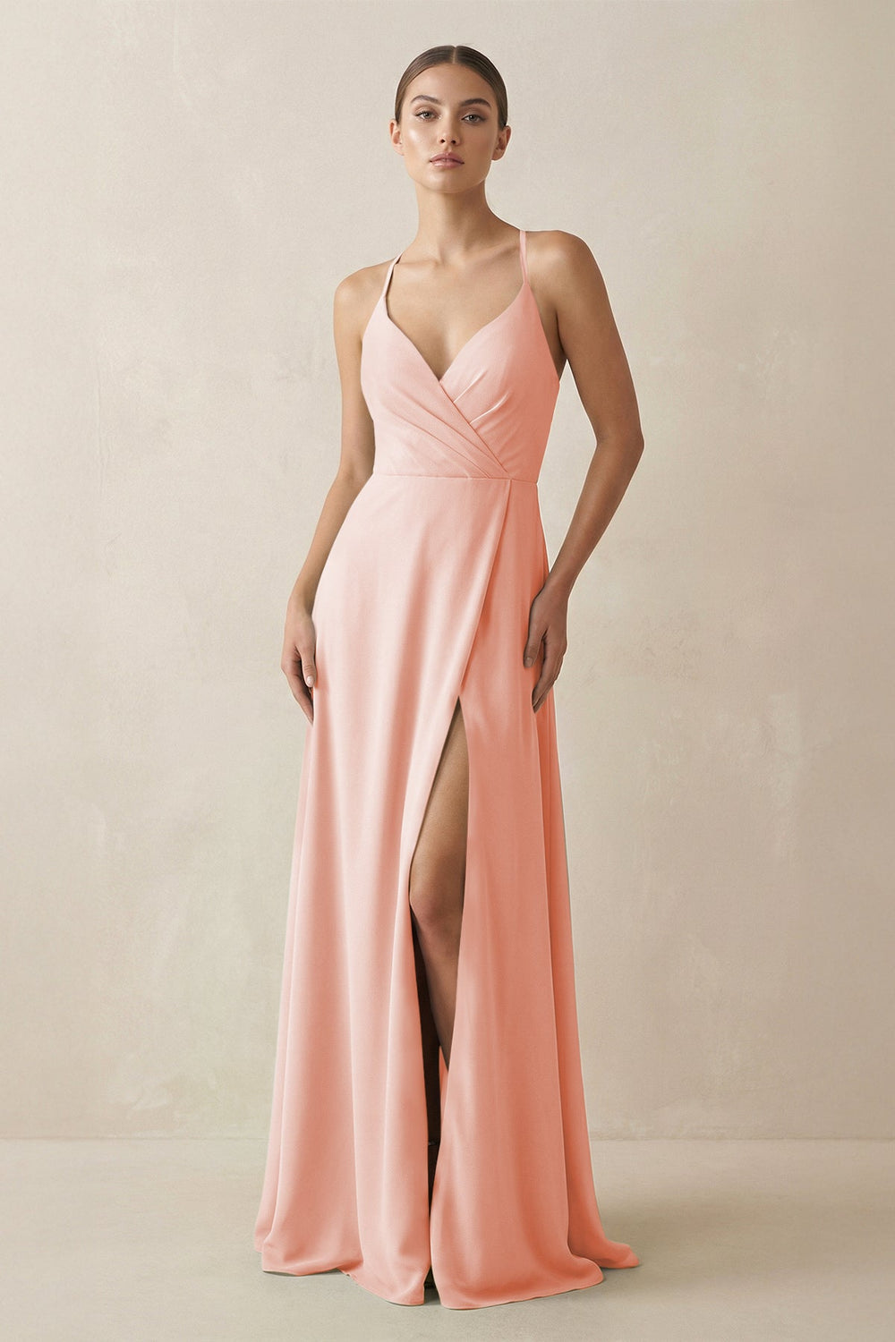 A - Line Chiffon Long Bridesmaid Dress With Slit in Rose Petal - SHE IS ME