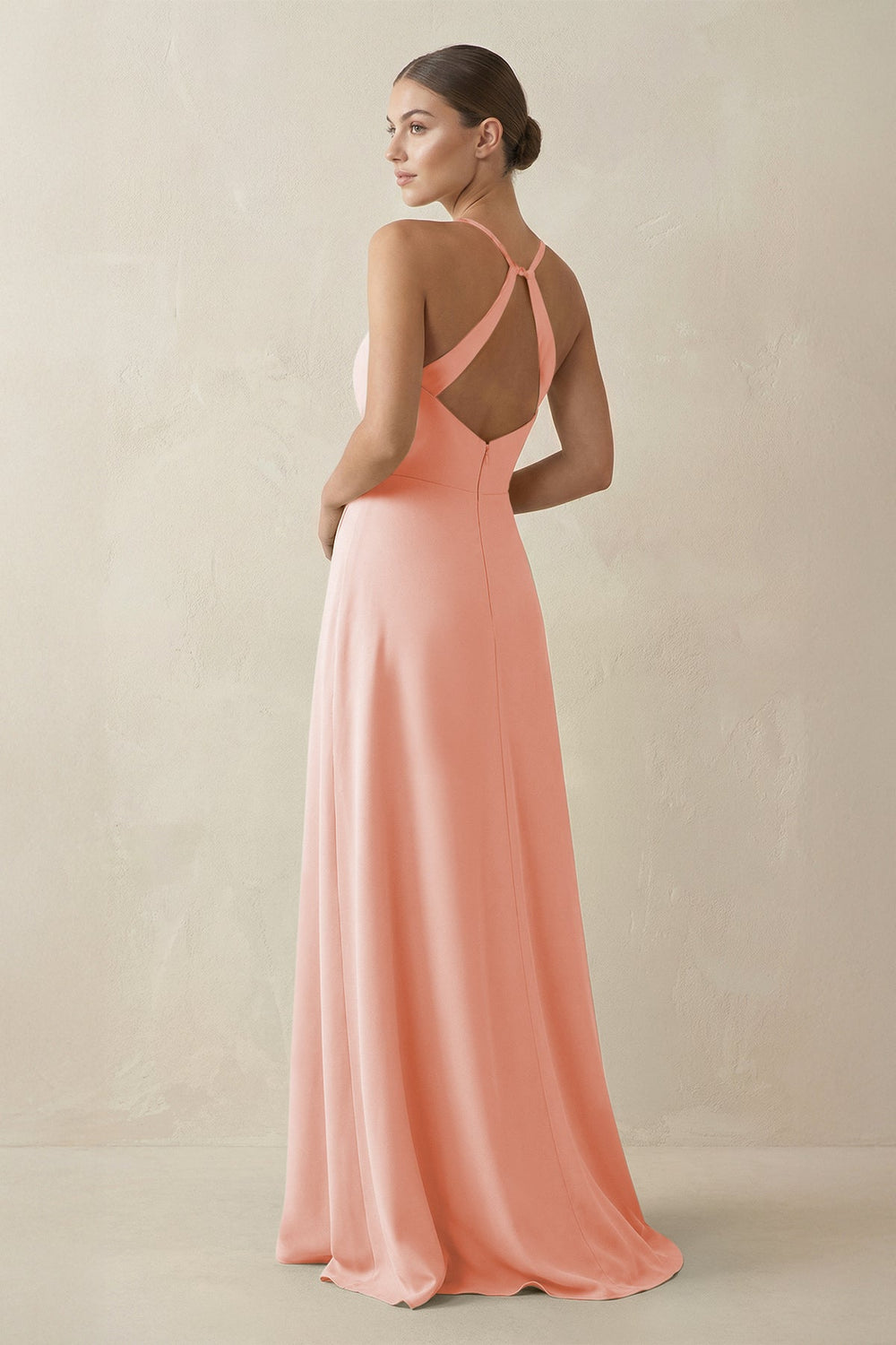 A - Line Chiffon Long Bridesmaid Dress With Slit in Rose Petal - SHE IS ME