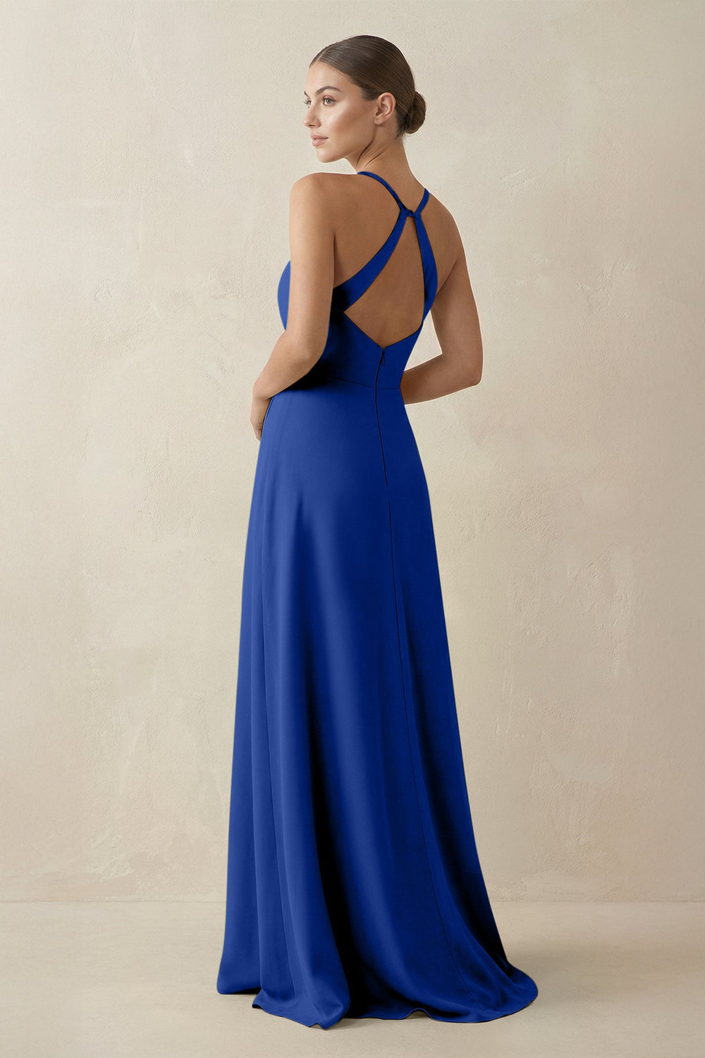 A - Line Chiffon Long Bridesmaid Dress With Slit in Royal Blue - SHE IS ME