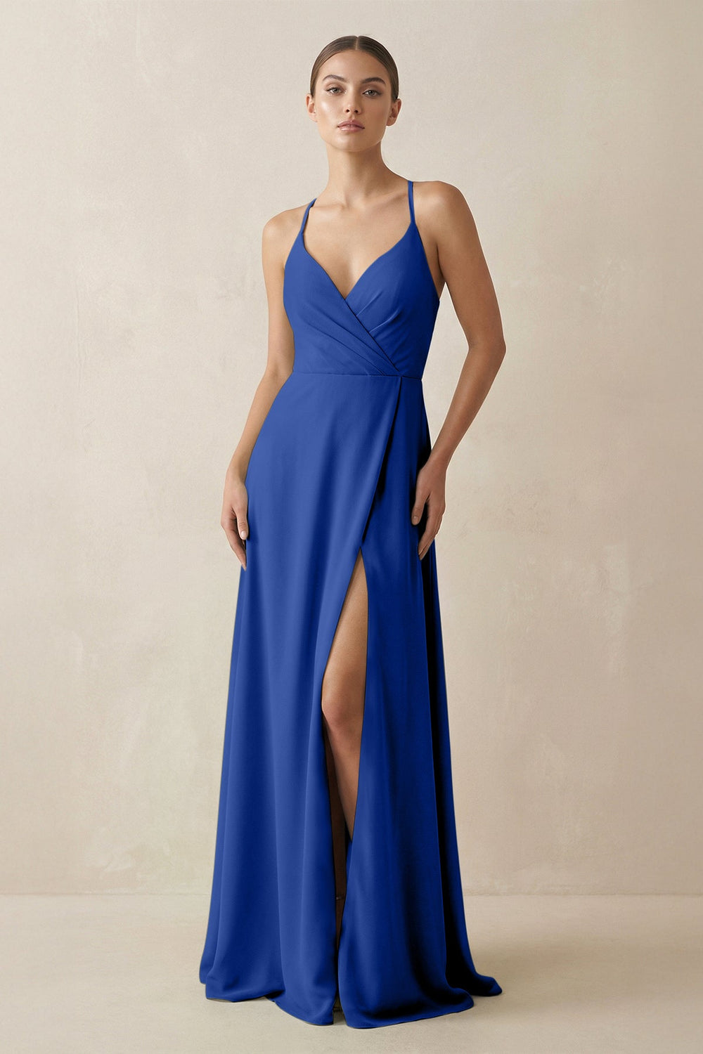 A - Line Chiffon Long Bridesmaid Dress With Slit in Royal Blue - SHE IS ME