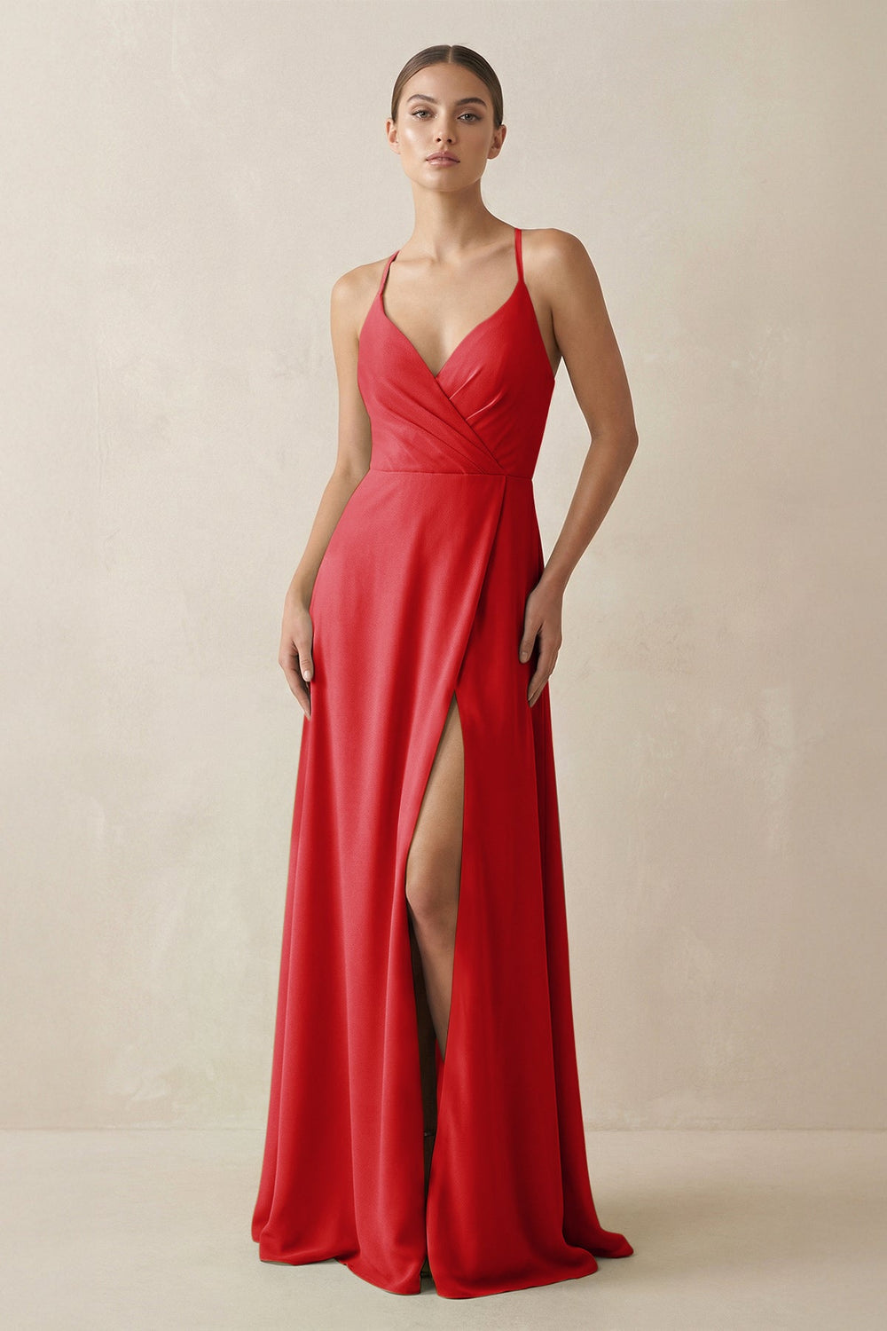 A - Line Chiffon Long Bridesmaid Dress With Slit in Ruby Red - SHE IS ME