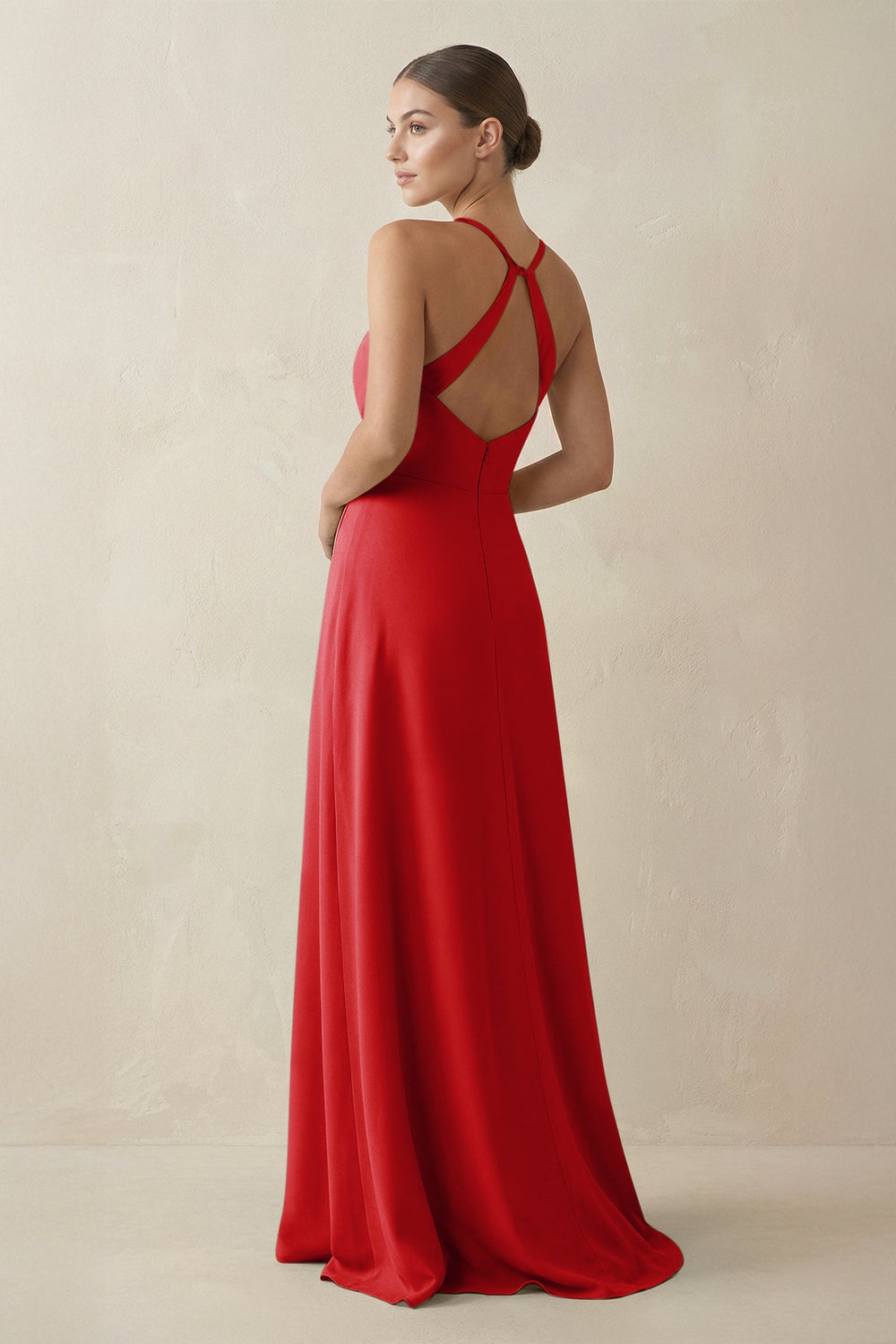 A - Line Chiffon Long Bridesmaid Dress With Slit in Ruby Red - SHE IS ME