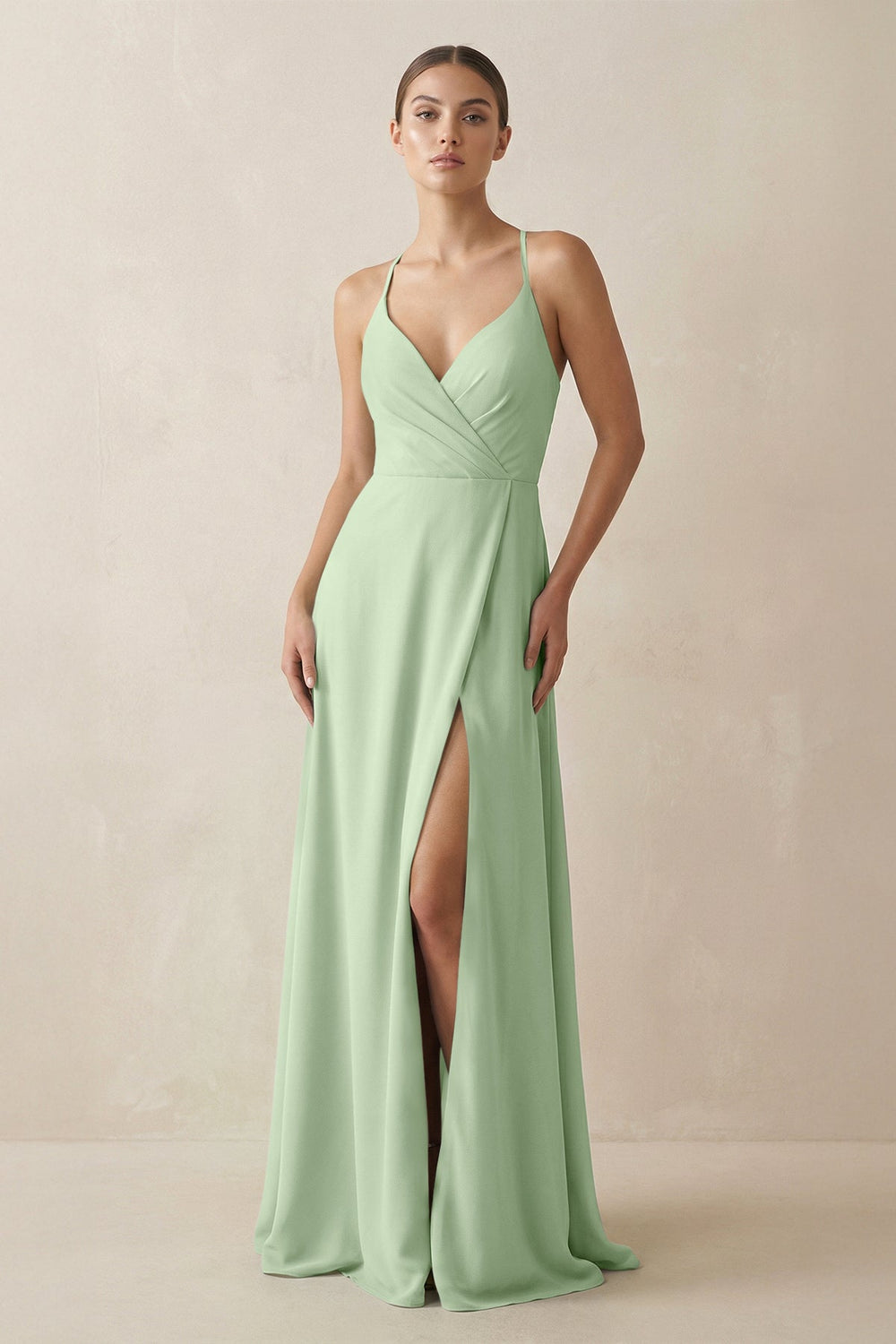 A - Line Chiffon Long Bridesmaid Dress With Slit in Sage - SHE IS ME