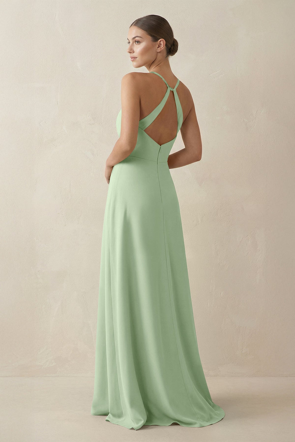 A - Line Chiffon Long Bridesmaid Dress With Slit in Sage - SHE IS ME