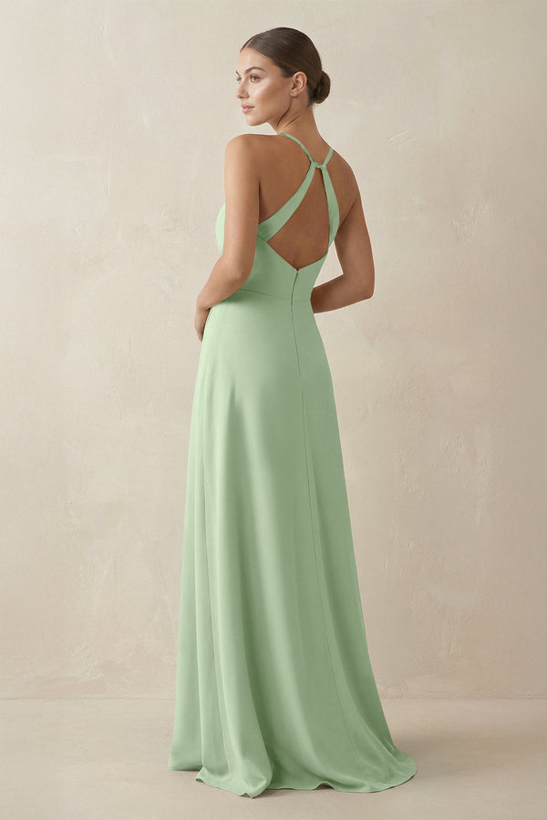 A - Line Chiffon Long Bridesmaid Dress With Slit in Sage - SHE IS ME