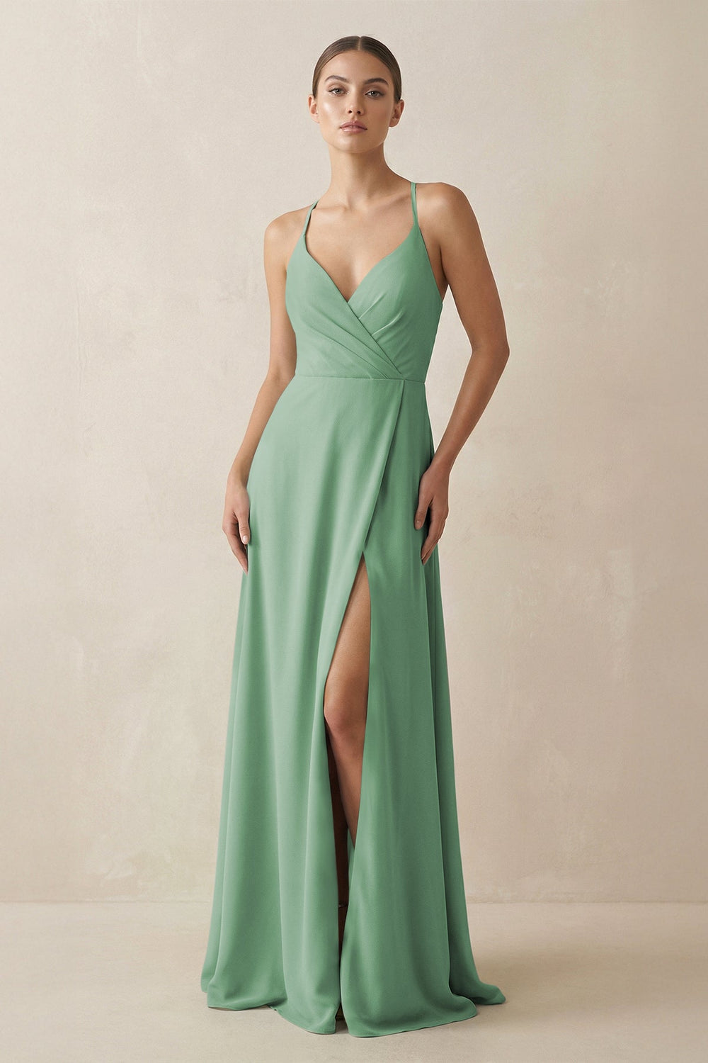 A - Line Chiffon Long Bridesmaid Dress With Slit in Sea Glass - SHE IS ME