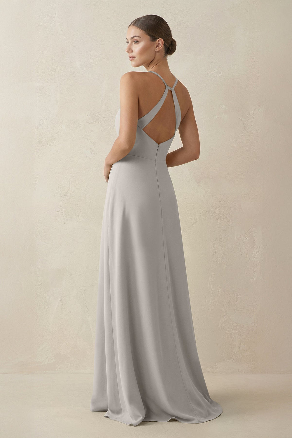 A - Line Chiffon Long Bridesmaid Dress With Slit in Silver - SHE IS ME