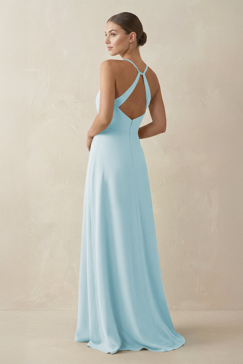 A - Line Chiffon Long Bridesmaid Dress With Slit in Sky Blue - SHE IS ME