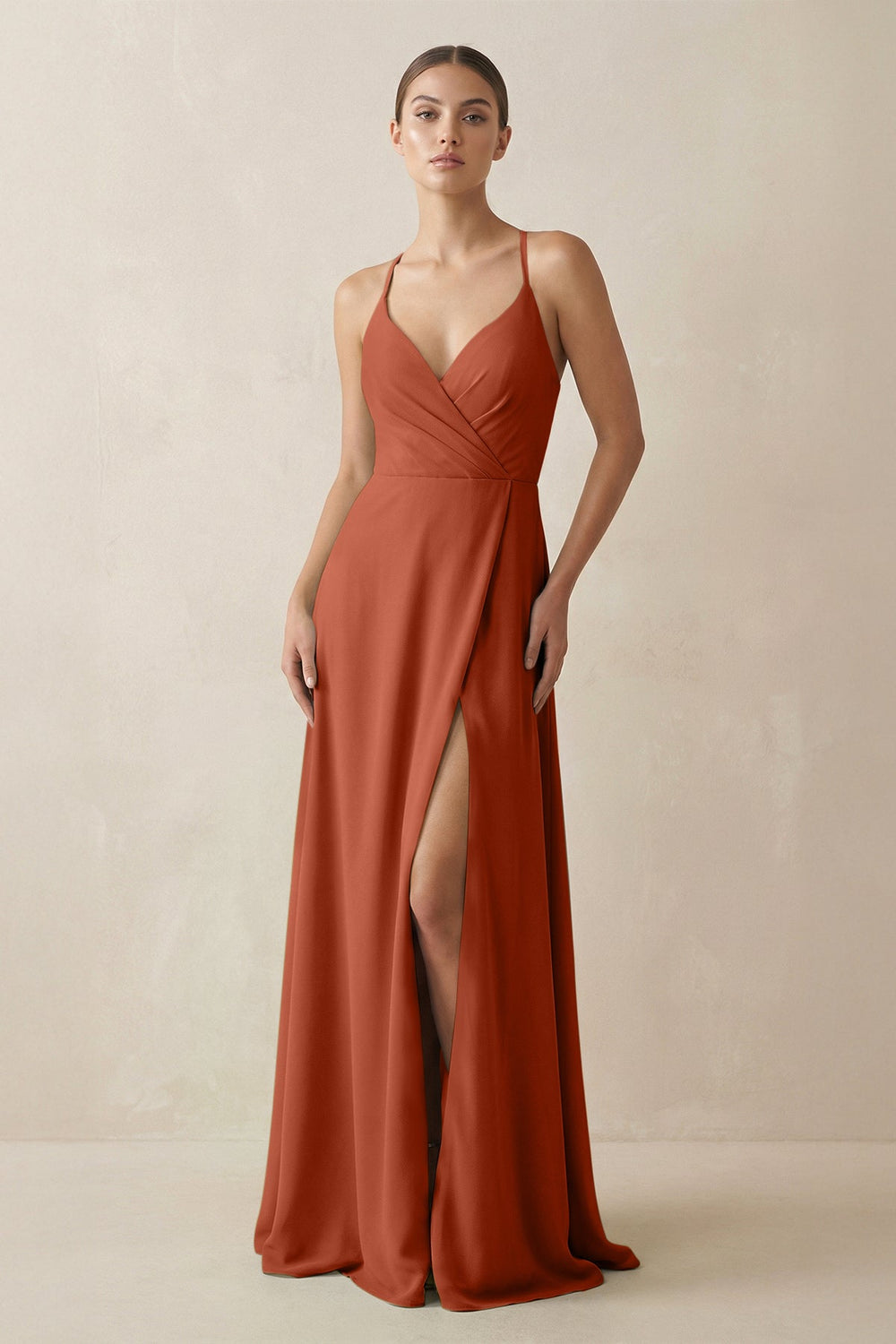 A - Line Chiffon Long Bridesmaid Dress With Slit in Spice - SHE IS ME