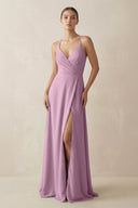 A - Line Chiffon Long Bridesmaid Dress With Slit in Wisteria - SHE IS ME