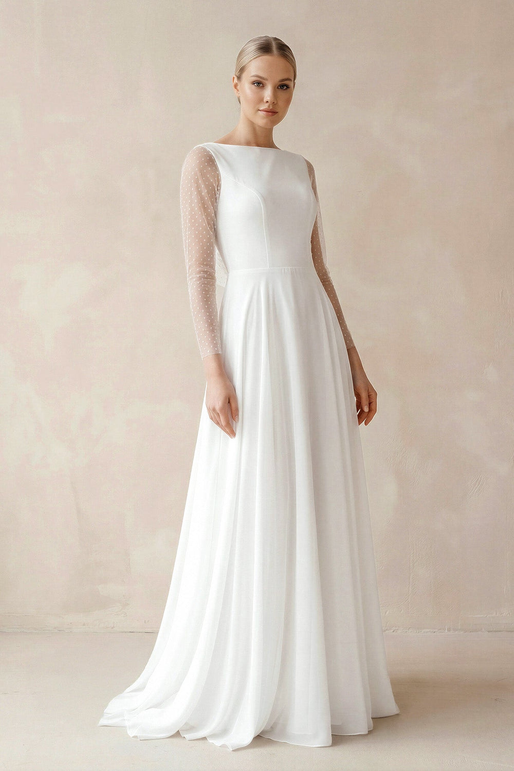 A - Line Chiffon Maxi Wedding Dress Pearl in White - SHE IS ME Wedding Dresses