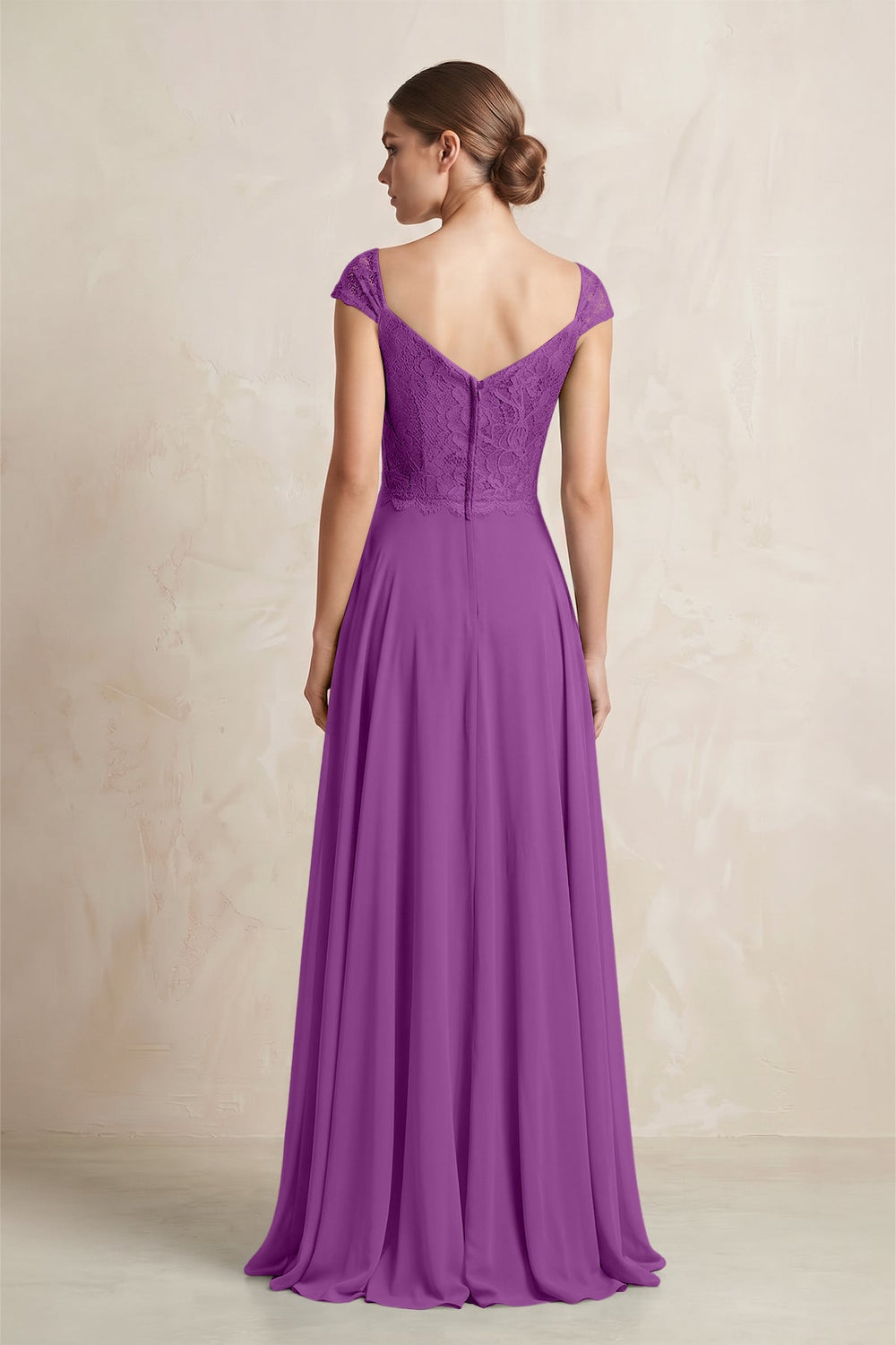 A - Line Chiffon V - Neck Pleated Bridesmaid Dress with Cap Sleeves in Amethyst - SHE IS ME Bridesmaid Dresses