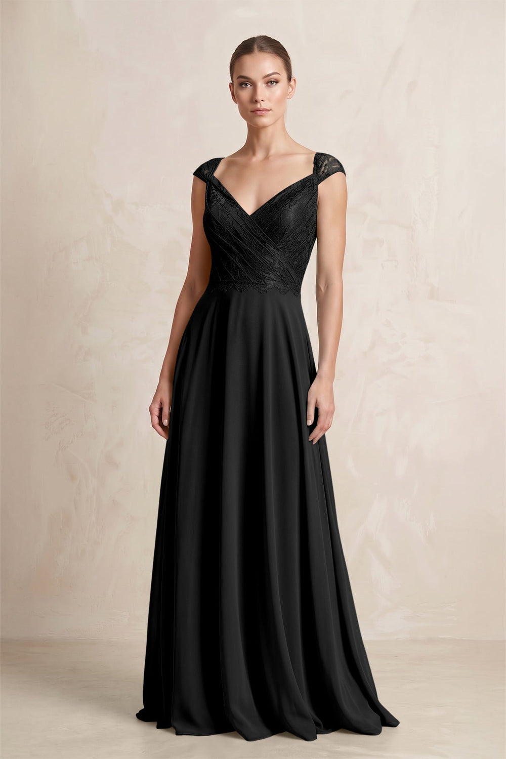A - Line Chiffon V - Neck Pleated Bridesmaid Dress with Cap Sleeves in Black - SHE IS ME Bridesmaid Dresses