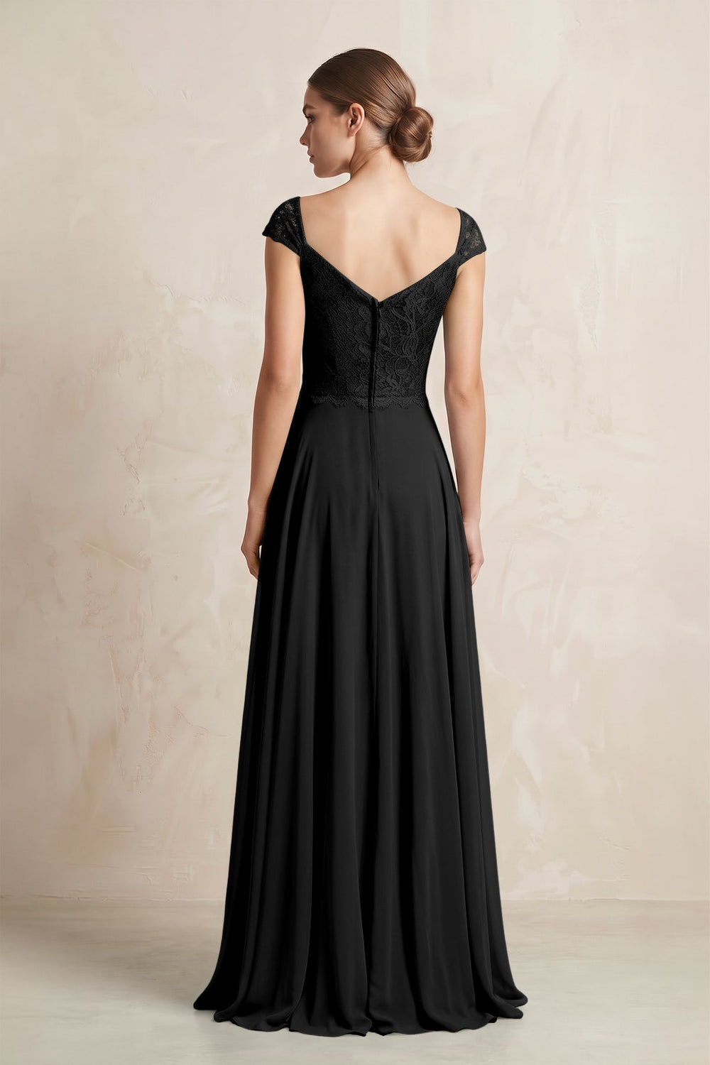 A - Line Chiffon V - Neck Pleated Bridesmaid Dress with Cap Sleeves in Black - SHE IS ME Bridesmaid Dresses
