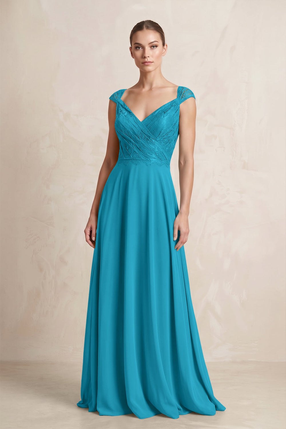 A - Line Chiffon V - Neck Pleated Bridesmaid Dress with Cap Sleeves in Blue Jay - SHE IS ME Bridesmaid Dresses