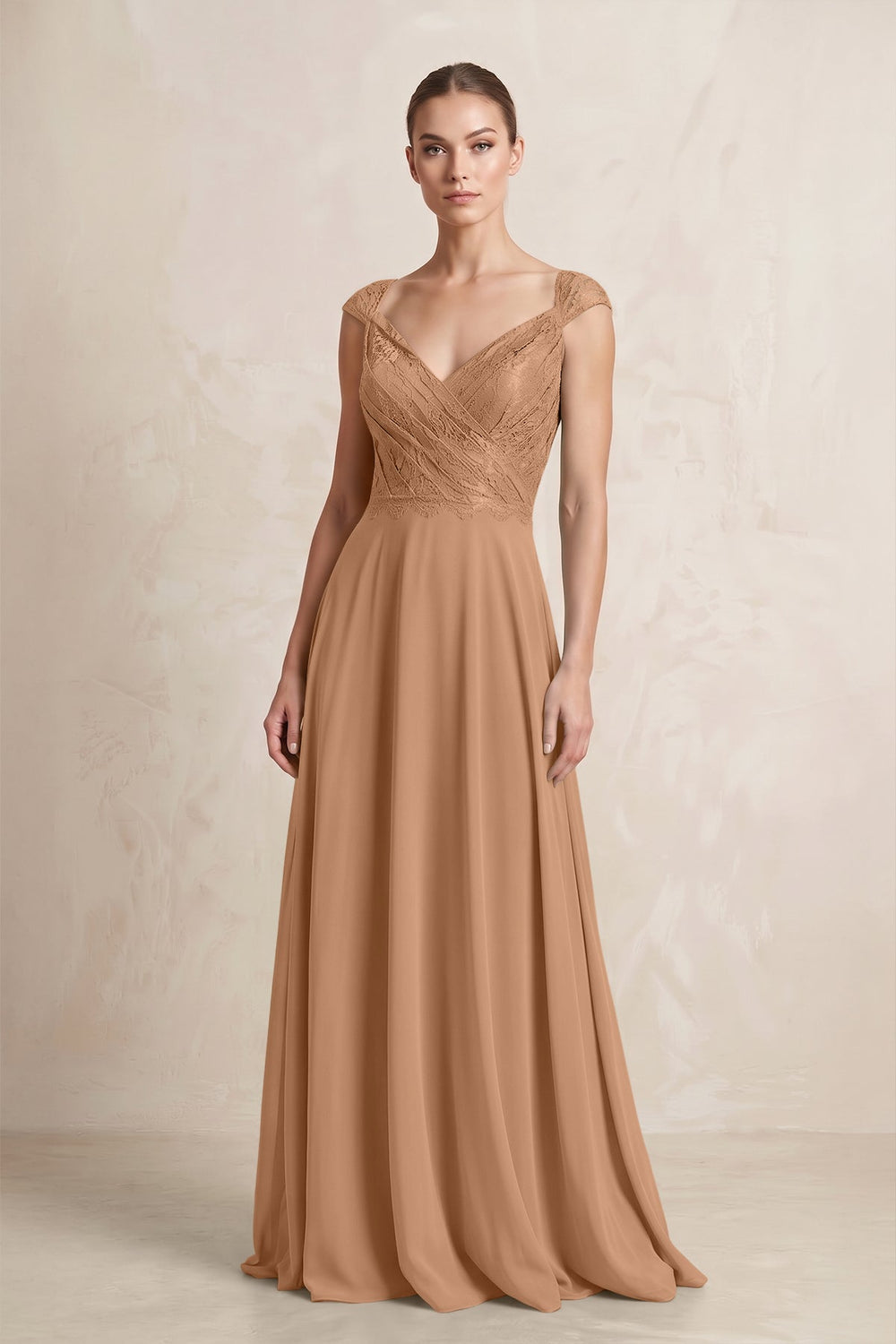A - Line Chiffon V - Neck Pleated Bridesmaid Dress with Cap Sleeves in Bronzer - SHE IS ME Bridesmaid Dresses