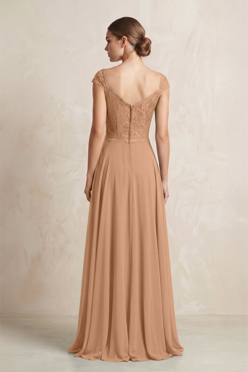 A - Line Chiffon V - Neck Pleated Bridesmaid Dress with Cap Sleeves in Bronzer - SHE IS ME Bridesmaid Dresses