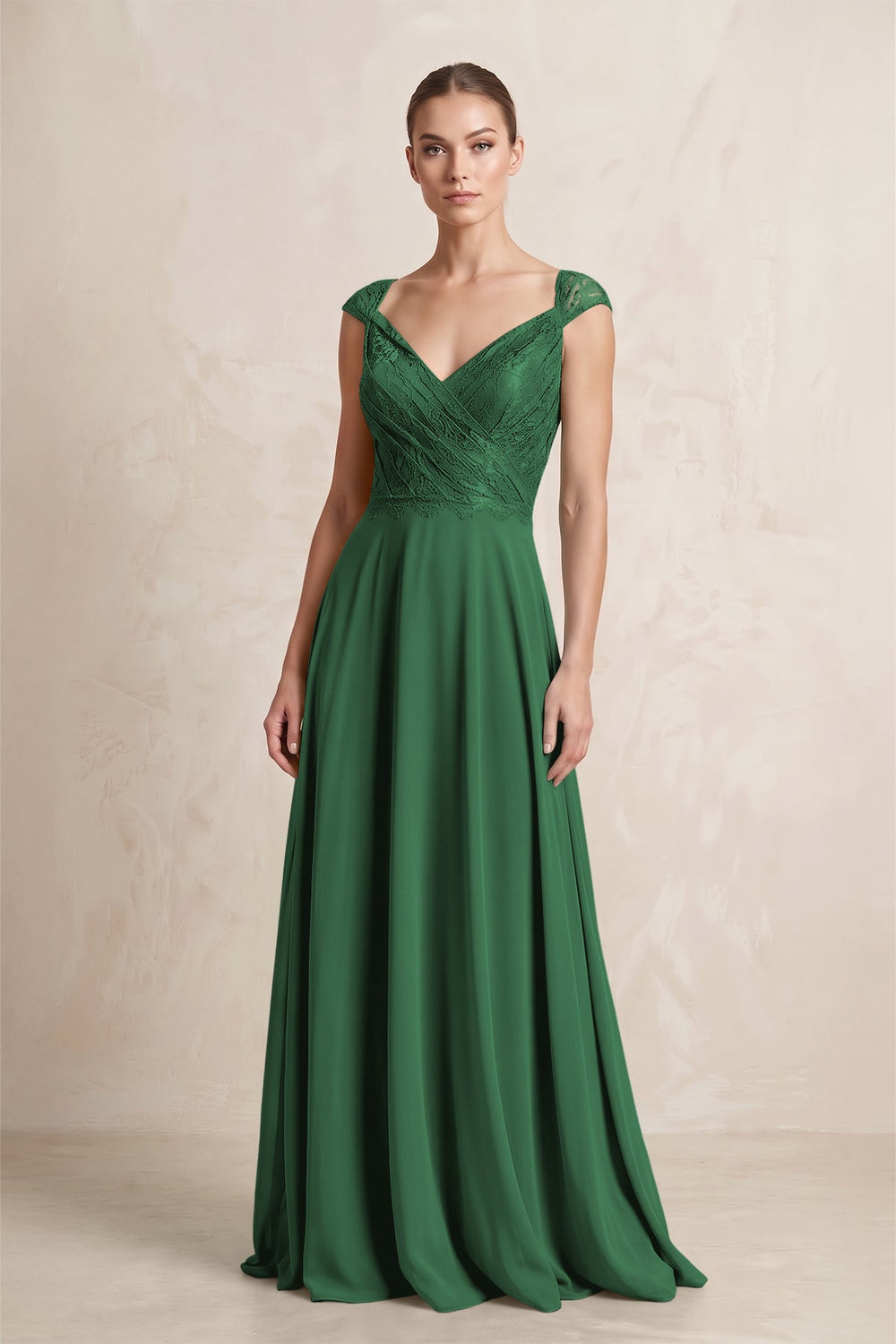 A - Line Chiffon V - Neck Pleated Bridesmaid Dress with Cap Sleeves in Dark Green - SHE IS ME Bridesmaid Dresses