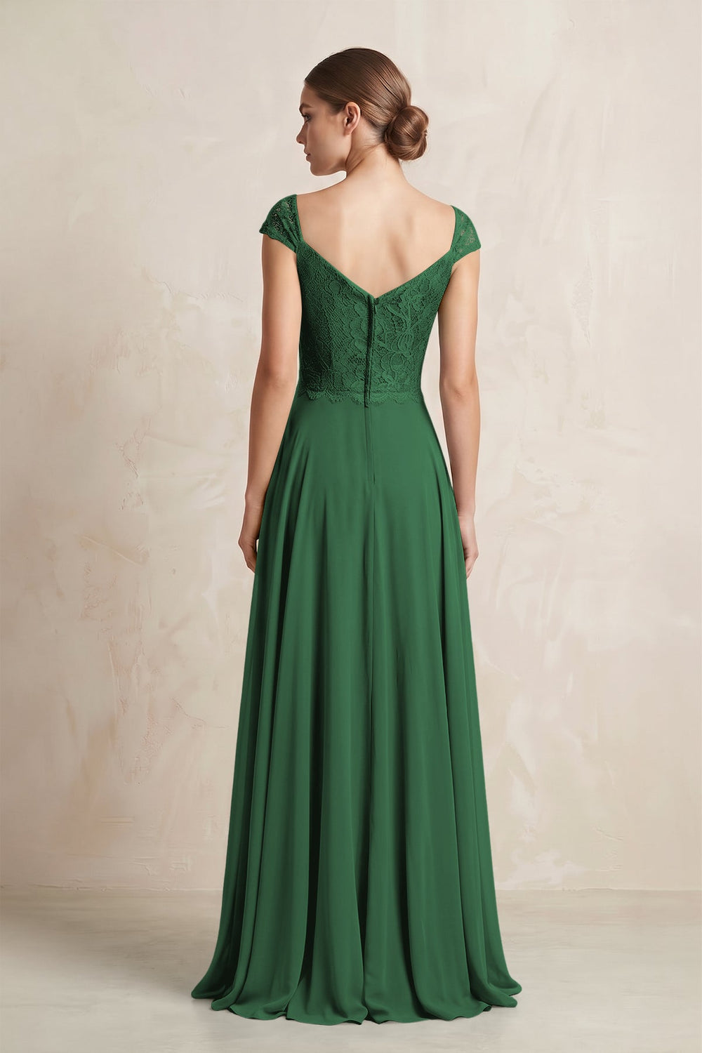 A - Line Chiffon V - Neck Pleated Bridesmaid Dress with Cap Sleeves in Dark Green - SHE IS ME Bridesmaid Dresses