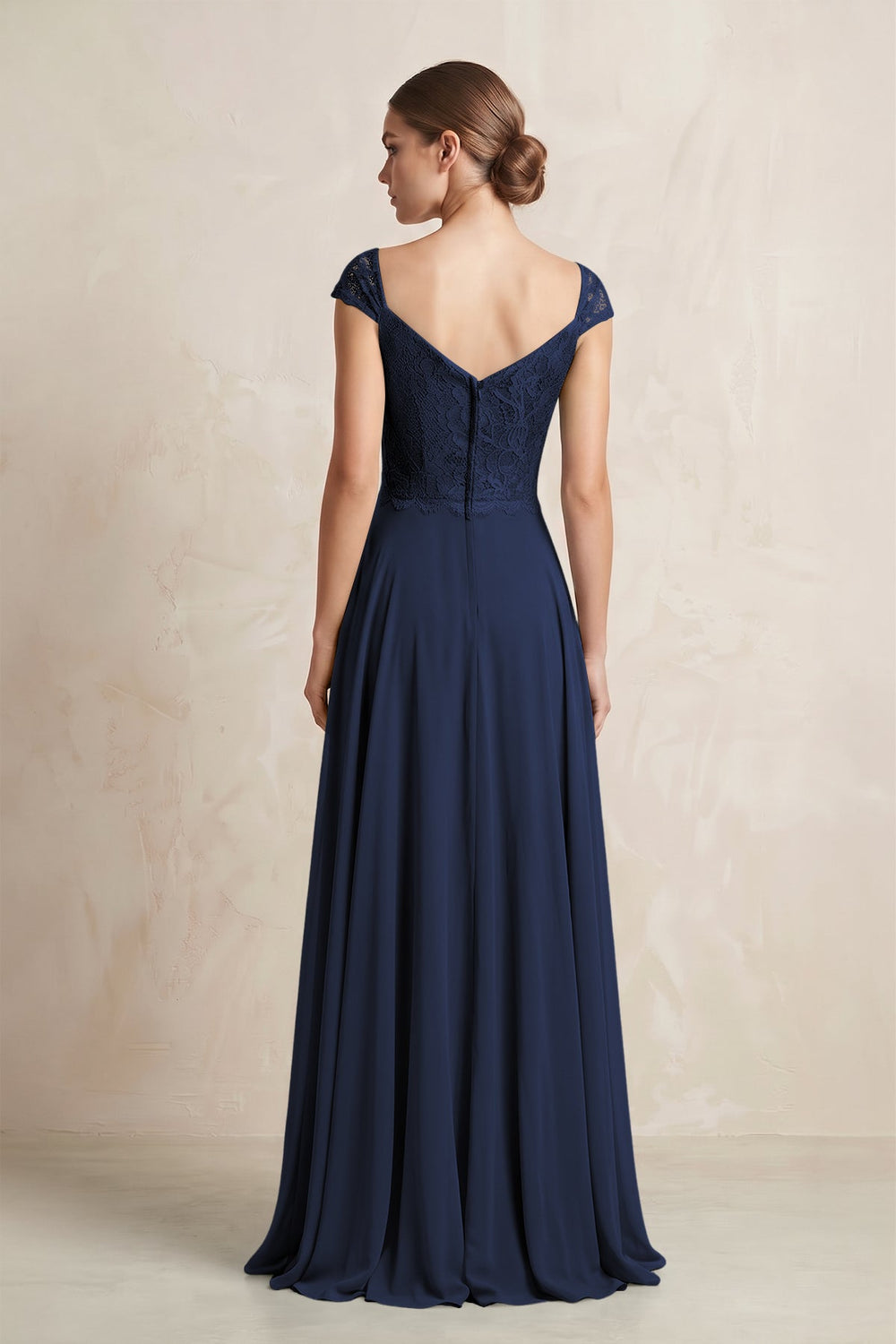 A - Line Chiffon V - Neck Pleated Bridesmaid Dress with Cap Sleeves in Dark Navy - SHE IS ME Bridesmaid Dresses