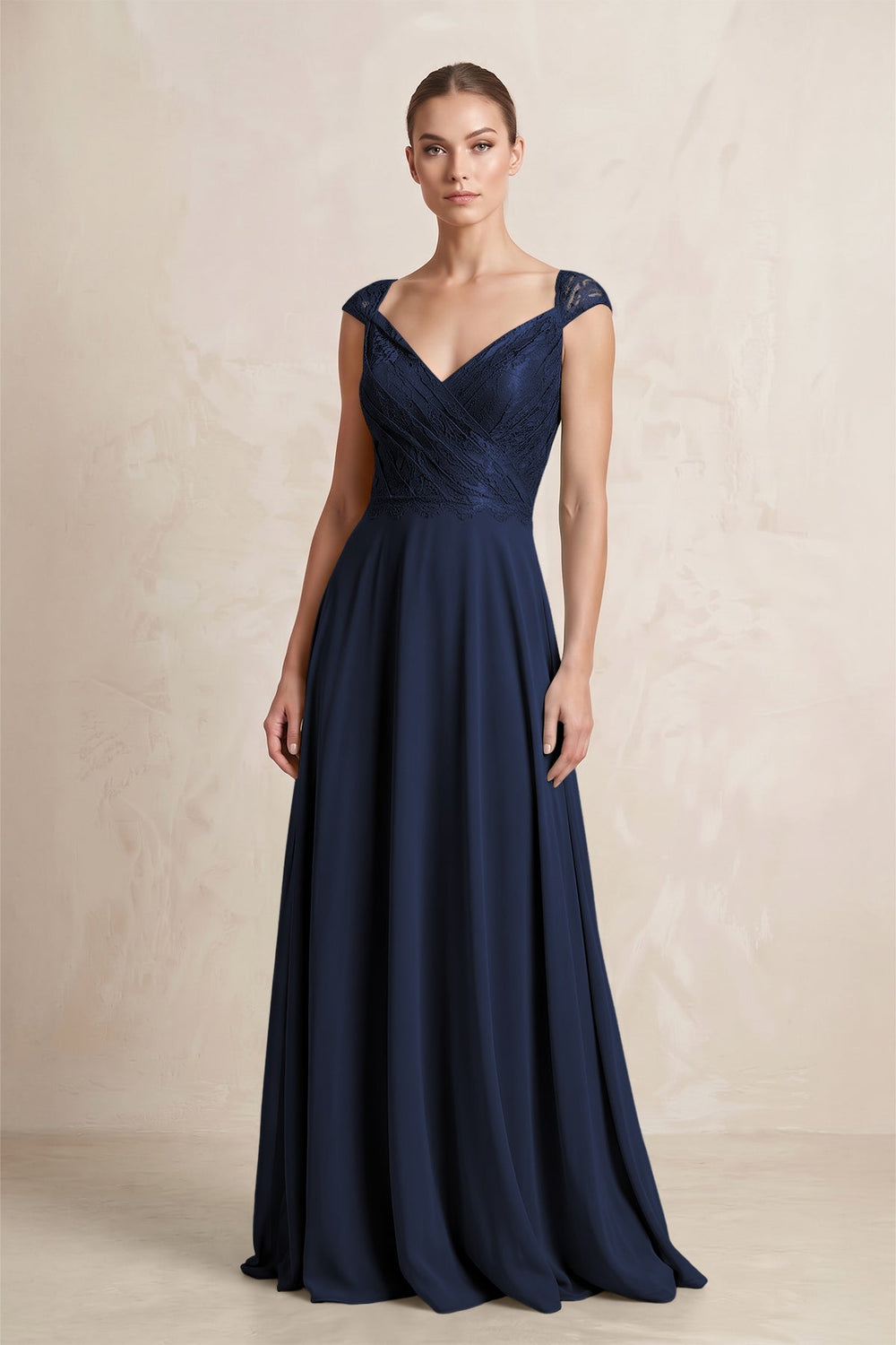 A - Line Chiffon V - Neck Pleated Bridesmaid Dress with Cap Sleeves in Dark Navy - SHE IS ME Bridesmaid Dresses