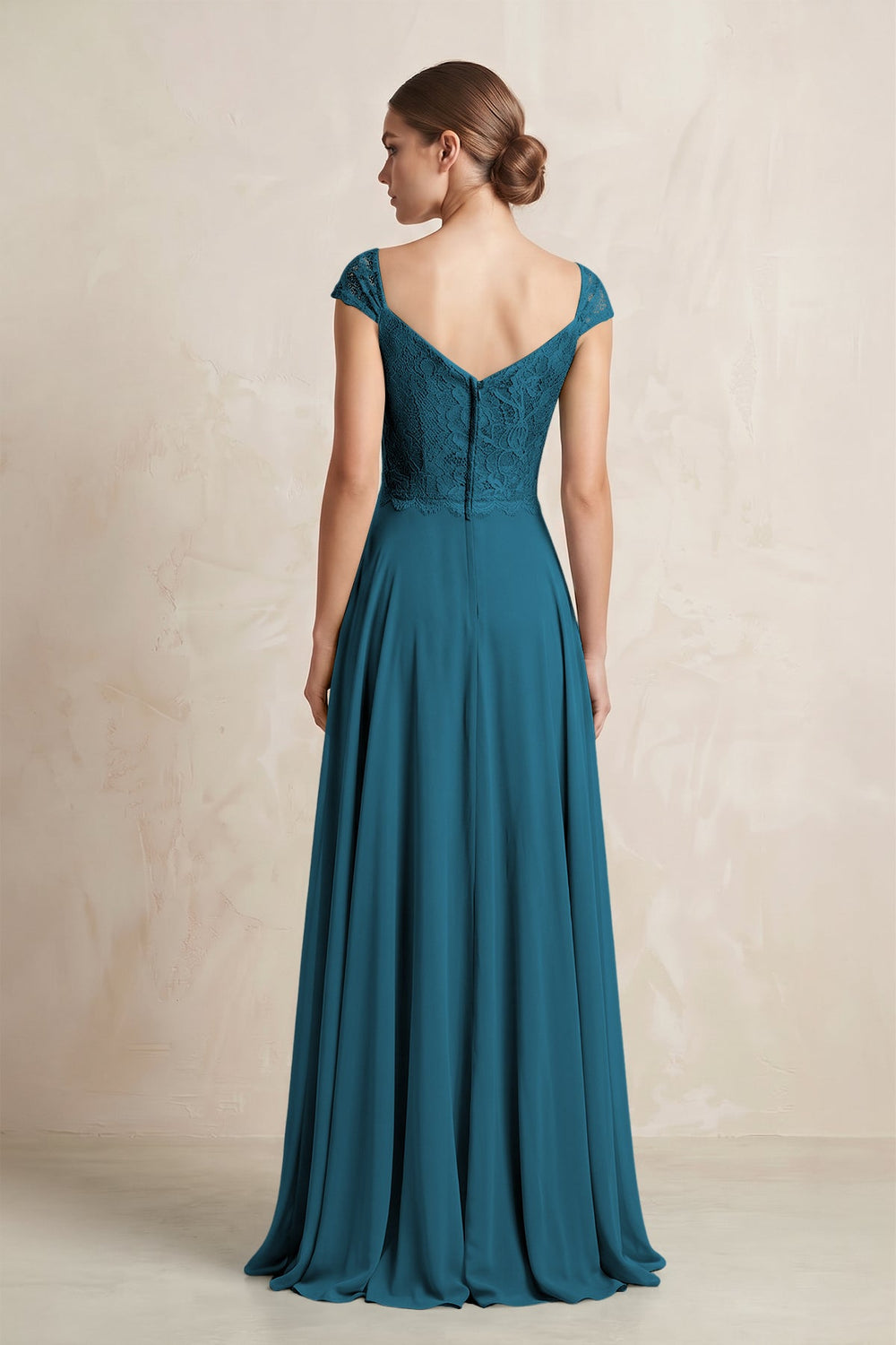 A - Line Chiffon V - Neck Pleated Bridesmaid Dress with Cap Sleeves in Dark Teal - SHE IS ME Bridesmaid Dresses