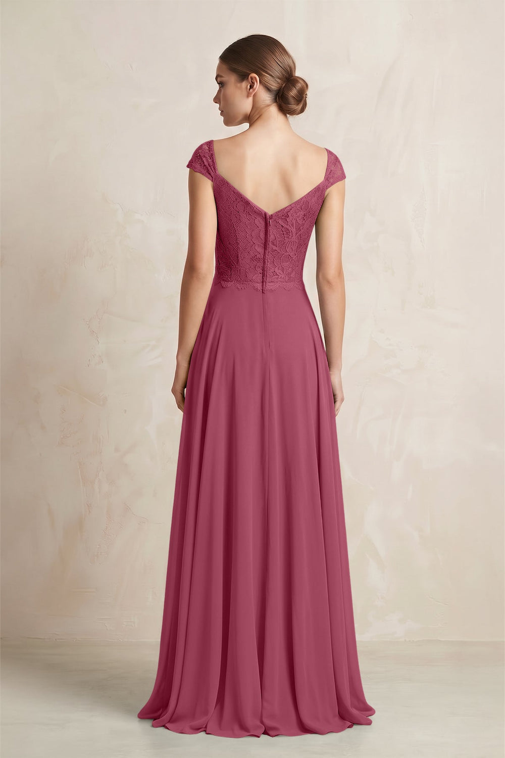 A - Line Chiffon V - Neck Pleated Bridesmaid Dress with Cap Sleeves in Desert Rose - SHE IS ME Bridesmaid Dresses