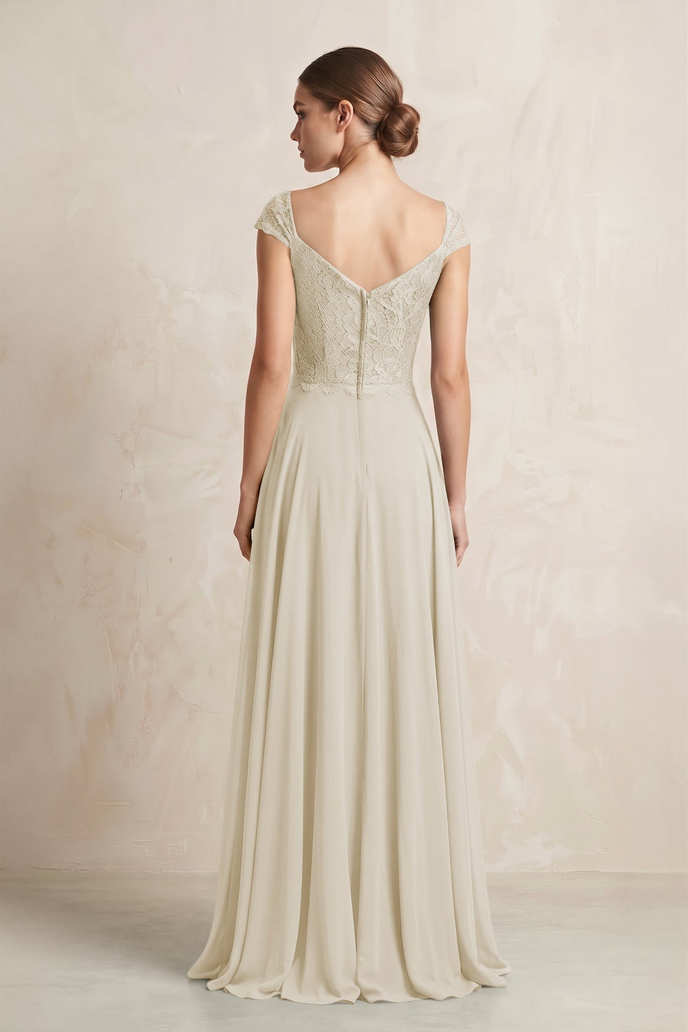 A - Line Chiffon V - Neck Pleated Bridesmaid Dress with Cap Sleeves in Dove Gray - SHE IS ME Bridesmaid Dresses