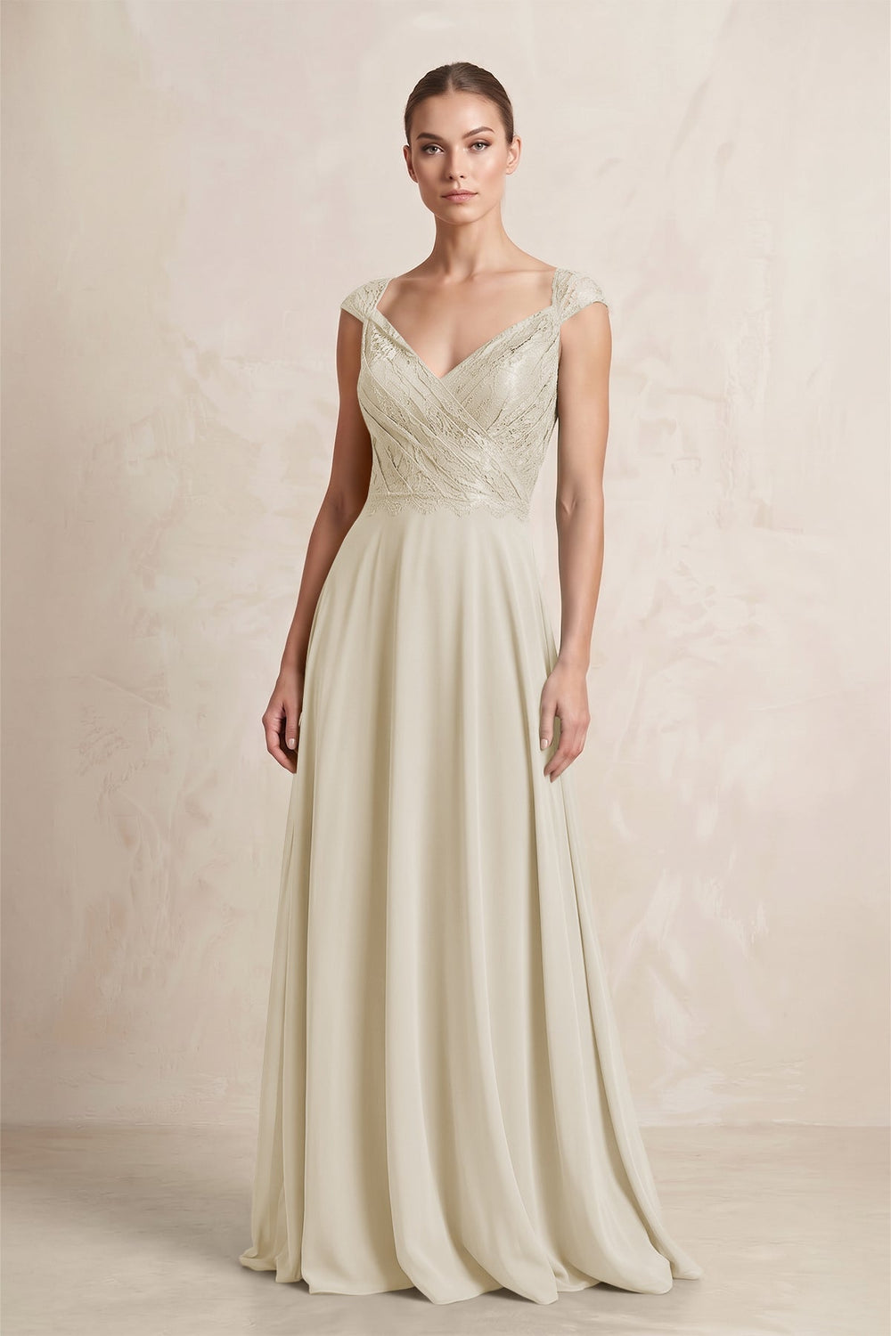 A - Line Chiffon V - Neck Pleated Bridesmaid Dress with Cap Sleeves in Dove Gray - SHE IS ME Bridesmaid Dresses