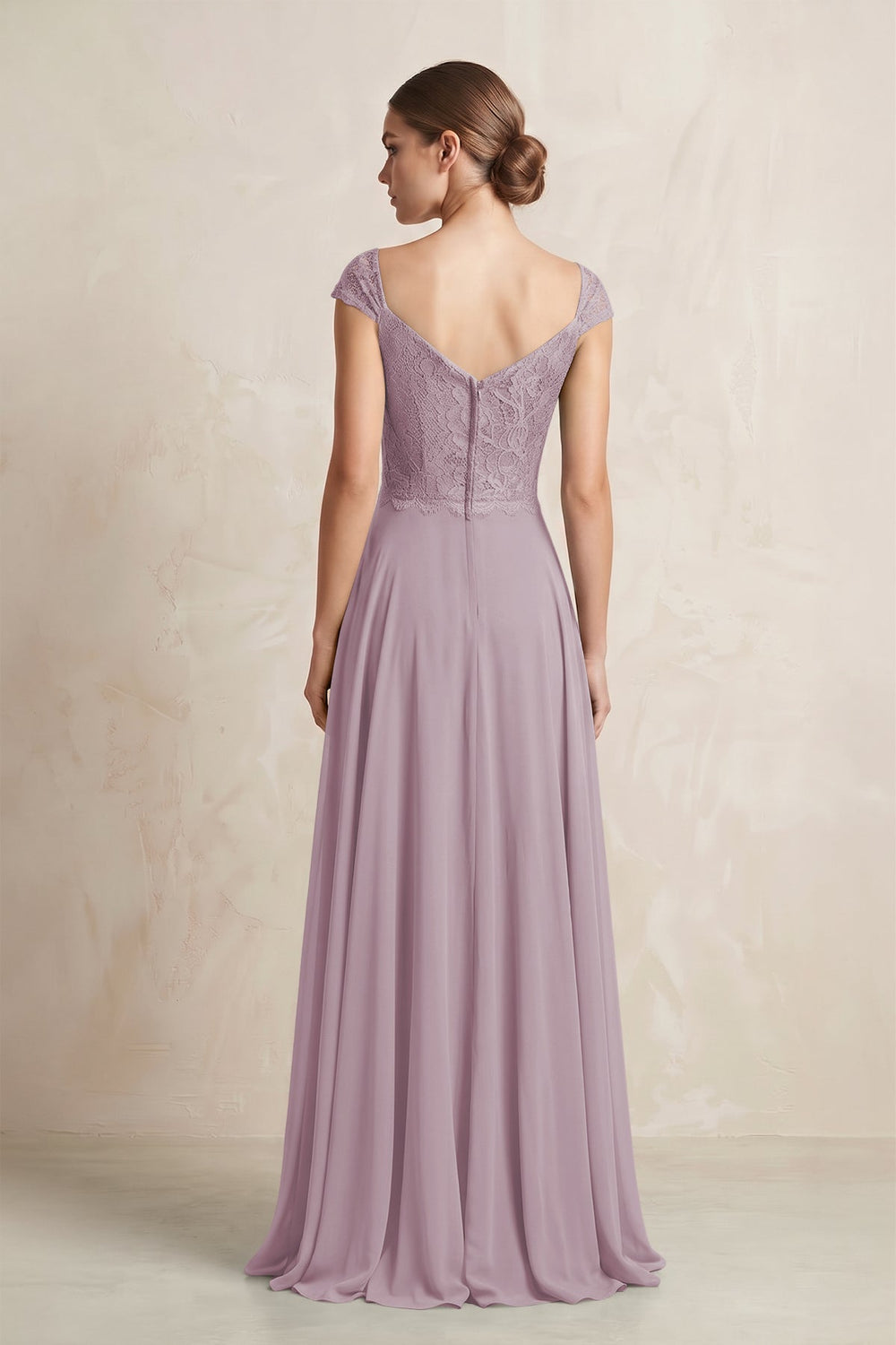 A - Line Chiffon V - Neck Pleated Bridesmaid Dress with Cap Sleeves in Dusk - SHE IS ME Bridesmaid Dresses
