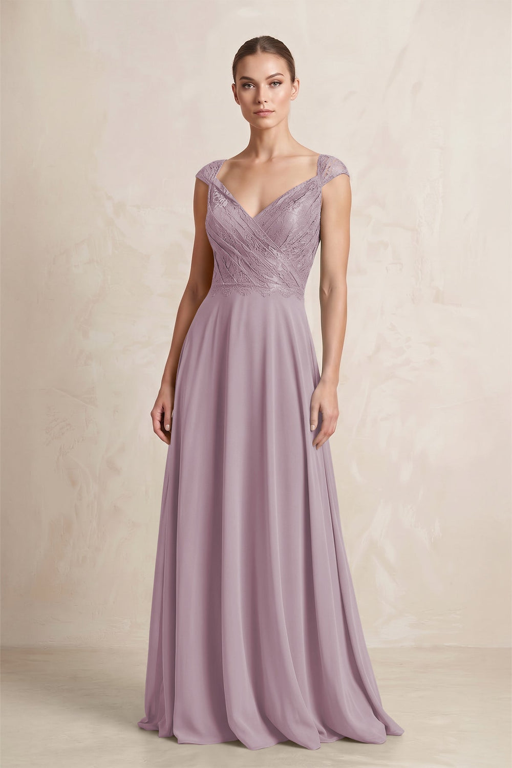 A - Line Chiffon V - Neck Pleated Bridesmaid Dress with Cap Sleeves in Dusk - SHE IS ME Bridesmaid Dresses