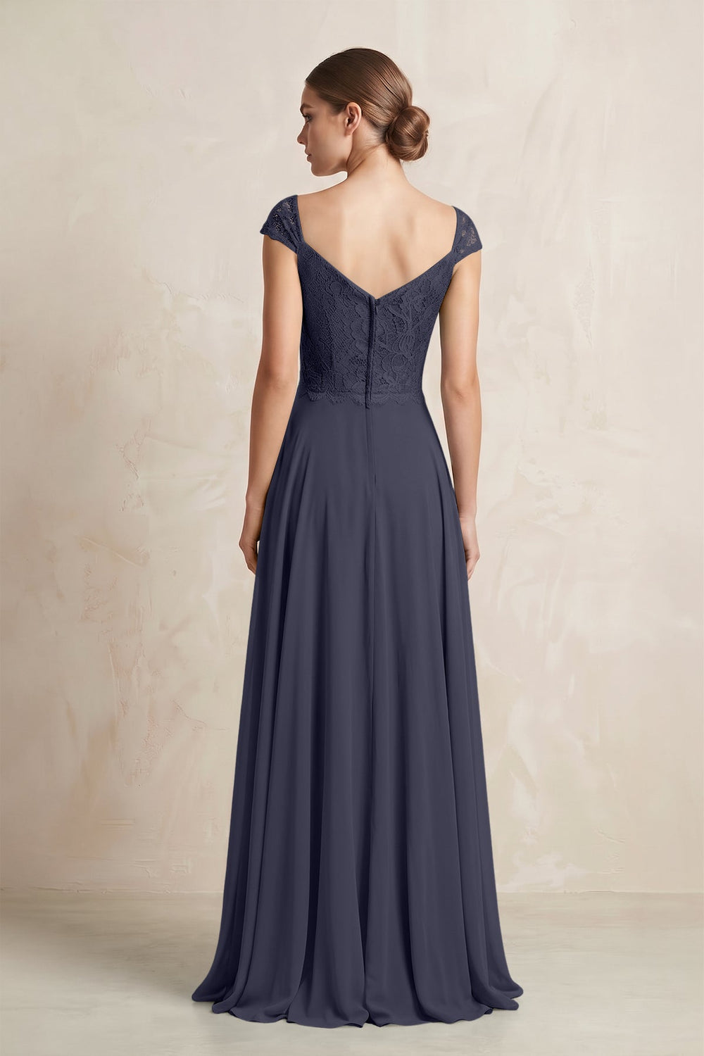 A - Line Chiffon V - Neck Pleated Bridesmaid Dress with Cap Sleeves in Dusk Blue - SHE IS ME Bridesmaid Dresses