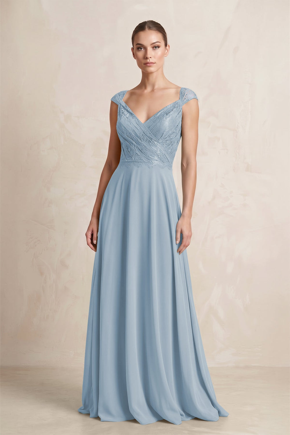 A - Line Chiffon V - Neck Pleated Bridesmaid Dress with Cap Sleeves in Dusty Blue - SHE IS ME Bridesmaid Dresses
