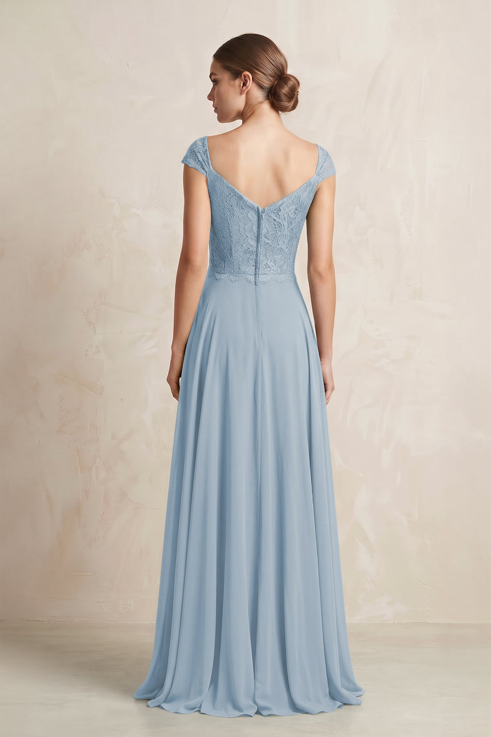 A - Line Chiffon V - Neck Pleated Bridesmaid Dress with Cap Sleeves in Dusty Blue - SHE IS ME Bridesmaid Dresses