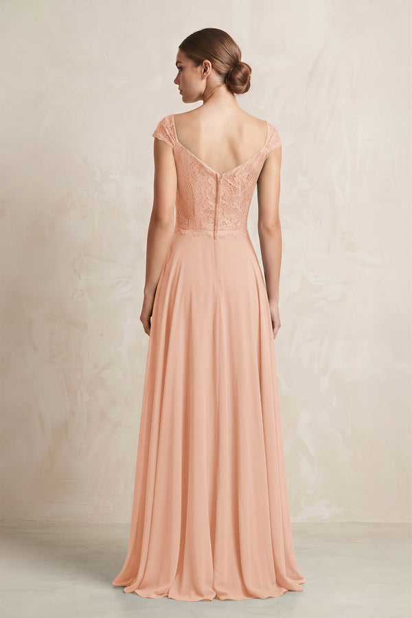 A - Line Chiffon V - Neck Pleated Bridesmaid Dress with Cap Sleeves in English Rose - SHE IS ME Bridesmaid Dresses