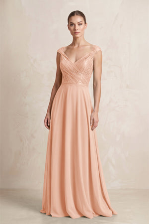 A - Line Chiffon V - Neck Pleated Bridesmaid Dress with Cap Sleeves in English Rose - SHE IS ME Bridesmaid Dresses