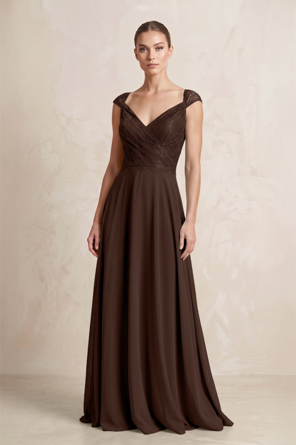 A - Line Chiffon V - Neck Pleated Bridesmaid Dress with Cap Sleeves in Espresso - SHE IS ME Bridesmaid Dresses