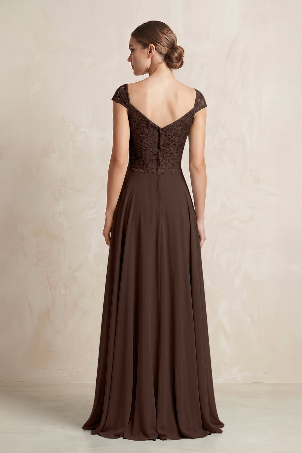 A - Line Chiffon V - Neck Pleated Bridesmaid Dress with Cap Sleeves in Espresso - SHE IS ME Bridesmaid Dresses