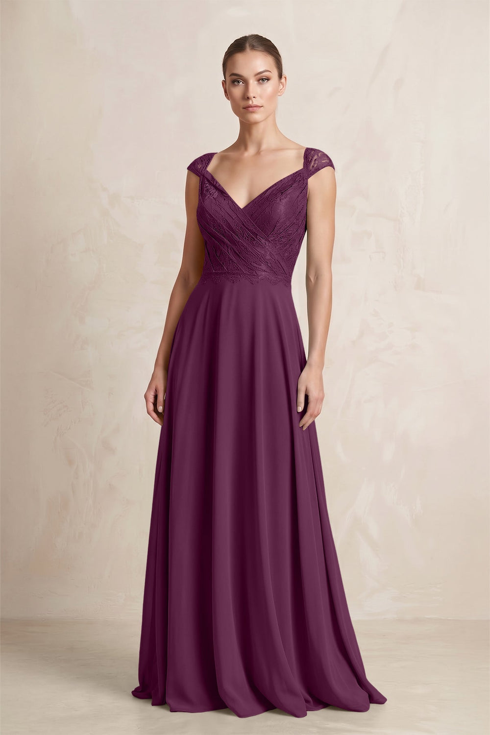 A - Line Chiffon V - Neck Pleated Bridesmaid Dress with Cap Sleeves in Fig - SHE IS ME Bridesmaid Dresses