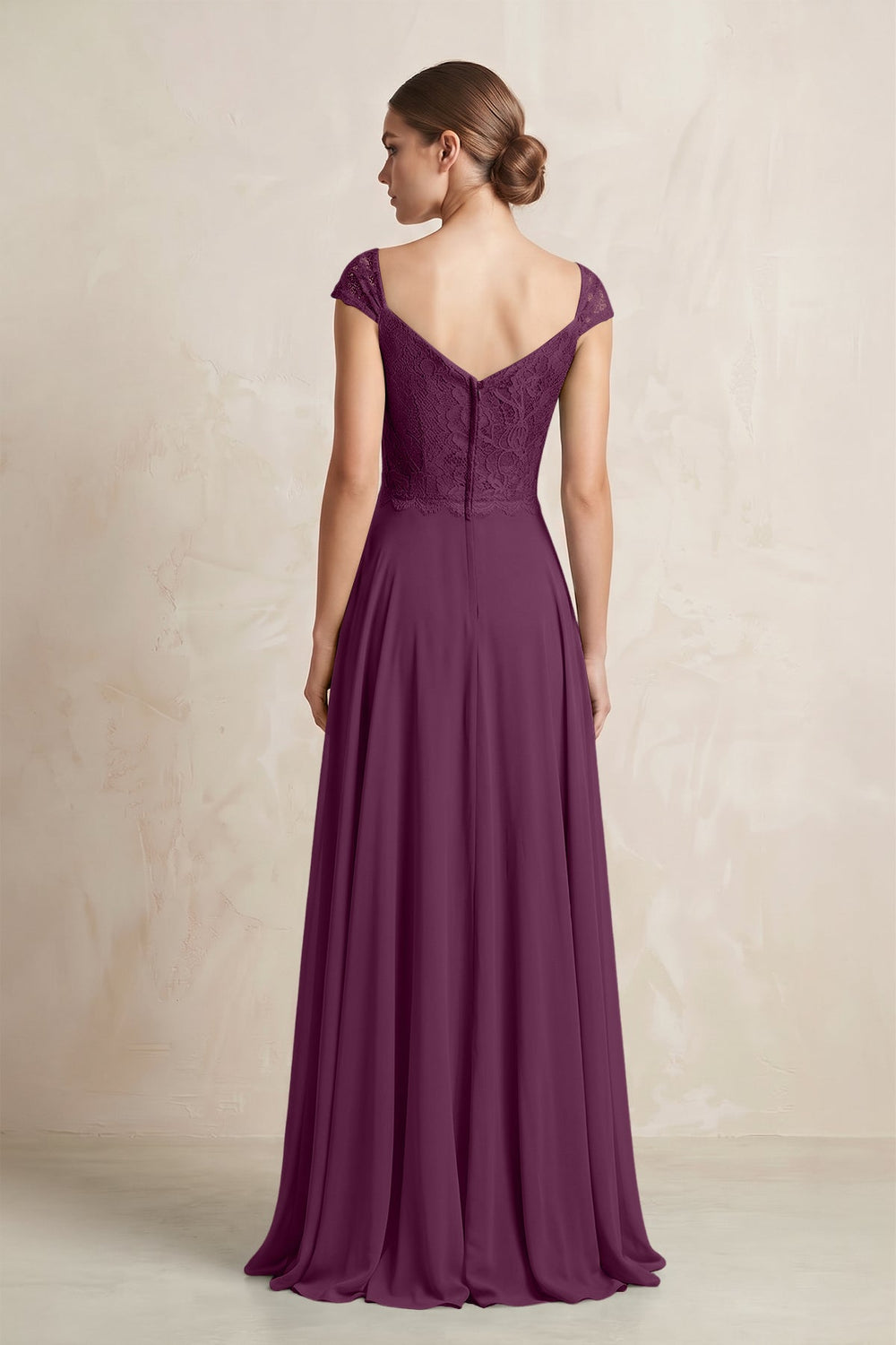 A - Line Chiffon V - Neck Pleated Bridesmaid Dress with Cap Sleeves in Fig - SHE IS ME Bridesmaid Dresses