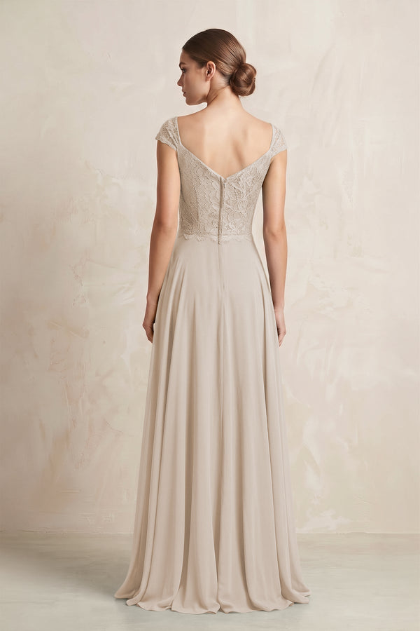 A - Line Chiffon V - Neck Pleated Bridesmaid Dress with Cap Sleeves in Frost - SHE IS ME Bridesmaid Dresses