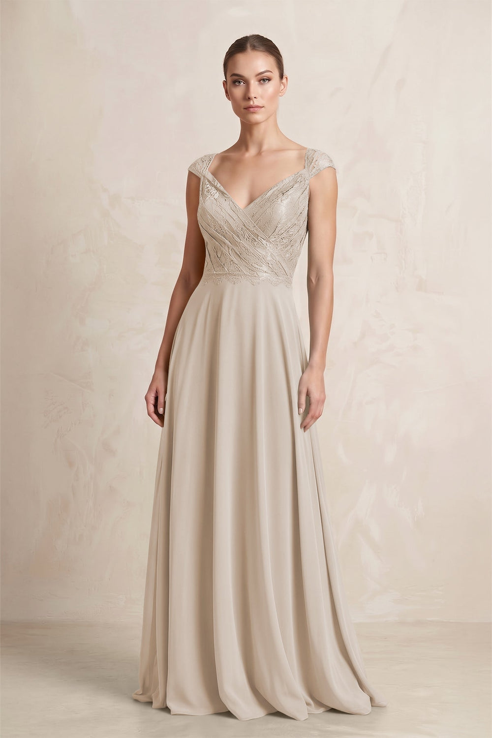A - Line Chiffon V - Neck Pleated Bridesmaid Dress with Cap Sleeves in Frost - SHE IS ME Bridesmaid Dresses