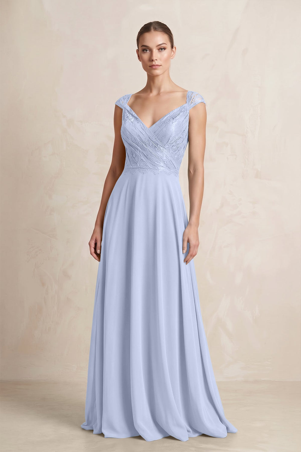 A - Line Chiffon V - Neck Pleated Bridesmaid Dress with Cap Sleeves in Ice - SHE IS ME Bridesmaid Dresses