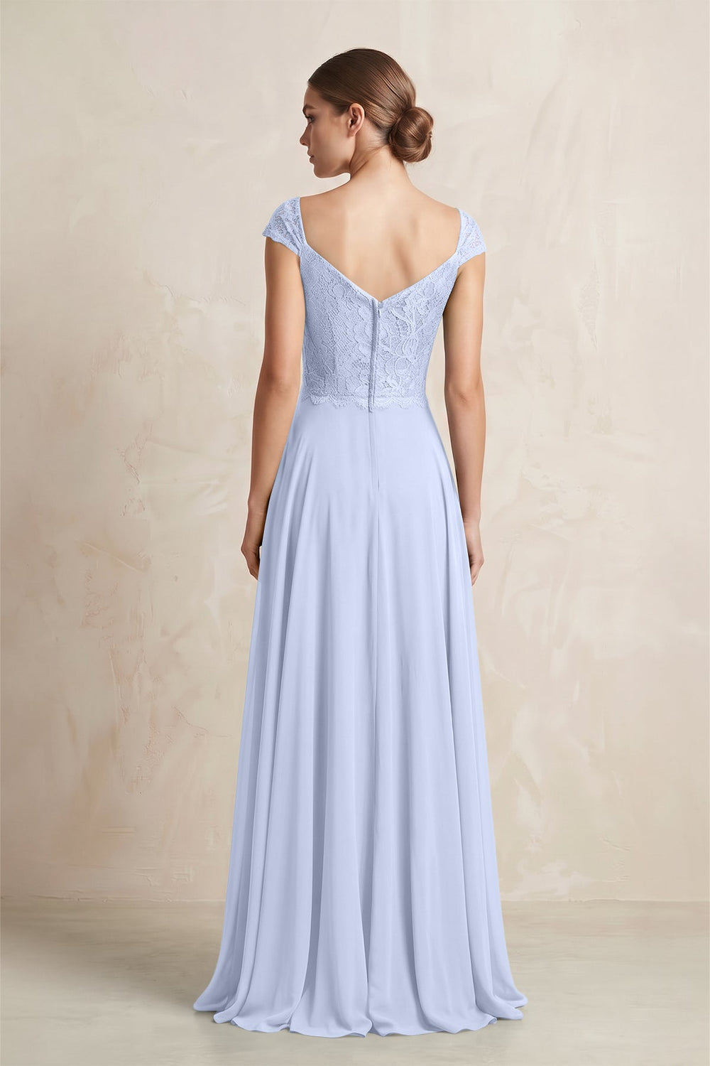 A - Line Chiffon V - Neck Pleated Bridesmaid Dress with Cap Sleeves in Ice - SHE IS ME Bridesmaid Dresses