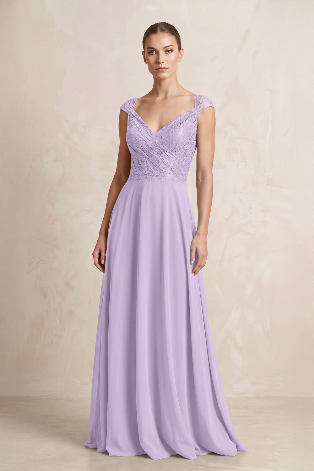 A - Line Chiffon V - Neck Pleated Bridesmaid Dress with Cap Sleeves in Lavender - SHE IS ME Bridesmaid Dresses