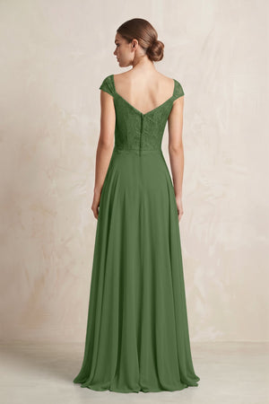 A - Line Chiffon V - Neck Pleated Bridesmaid Dress with Cap Sleeves in Moss - SHE IS ME Bridesmaid Dresses