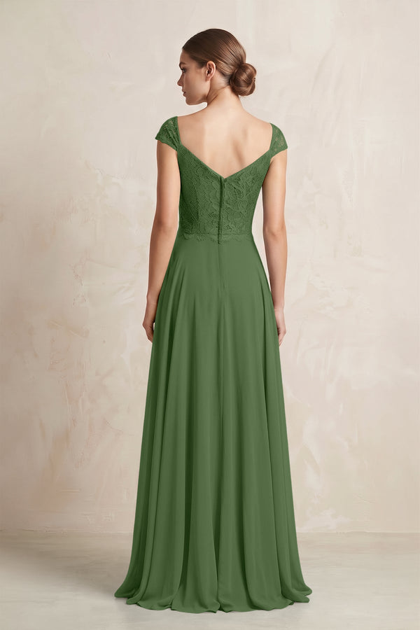 A - Line Chiffon V - Neck Pleated Bridesmaid Dress with Cap Sleeves in Moss - SHE IS ME Bridesmaid Dresses
